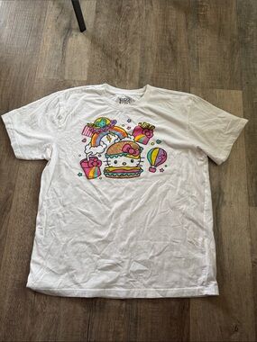 Hello Kitty White Graphic Tee with Rainbow Burger Design